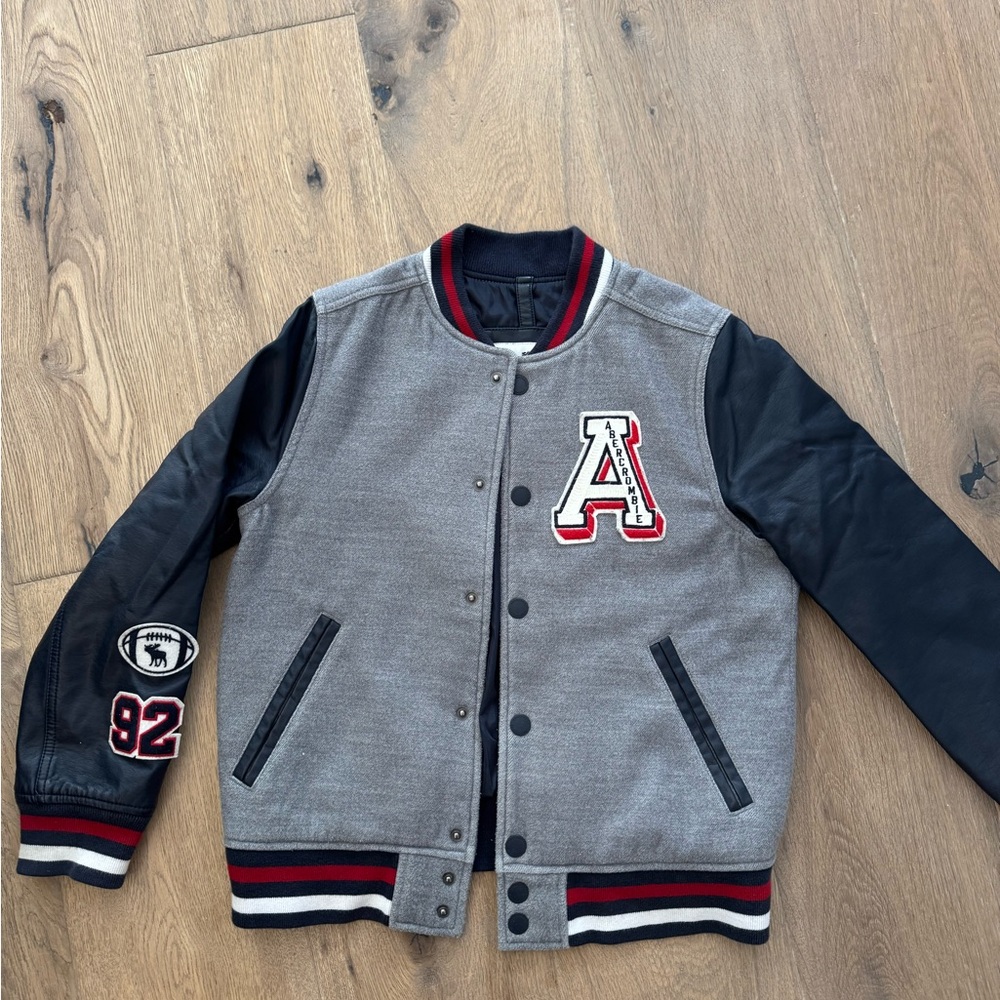 Abercrombie Kids Gray and Navy Varsity Jacket with Red Accents